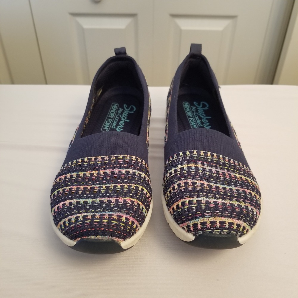 Skechers Women Navy Blue Multi Color Weave Air Cooled Memory Foam Slip On Shoes